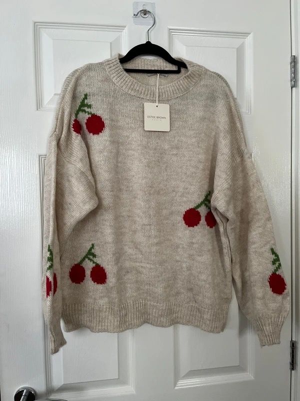 Estee Brown Beige Knit Sweater With Cherry Pattern
